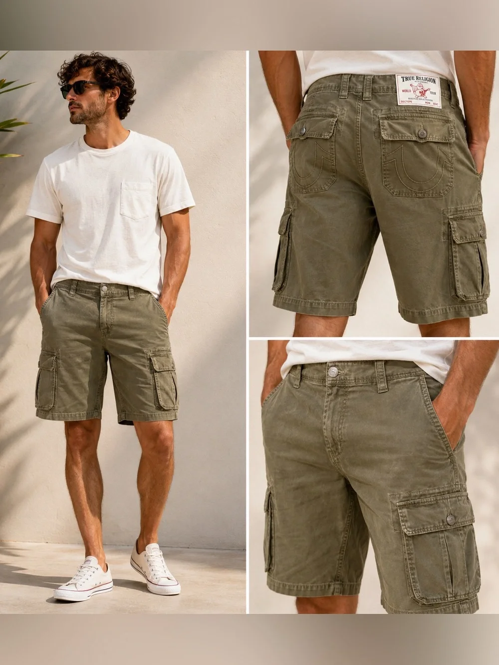 True Religion Men's Olive Cargo Shorts Military Utility Cotton Size 38